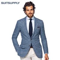 Suitsupply Washington蓝色 格纹VBC丝绵麻混纺戗驳领单西上衣 男士西装