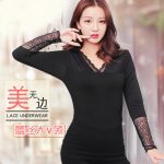 阿诗玛 冬季紧身蕾丝低V领打底衫女上衣加绒加厚保暖内衣套装美体秋衣裤 多款可选