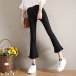 怀尔蔚 微喇叭裤秋装九分牛仔裤女2017夏季新款韩版高腰流苏黑色修身显瘦