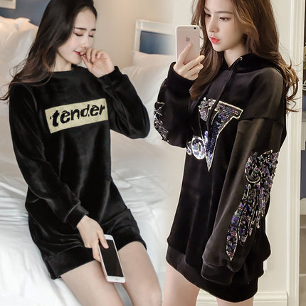 传奇少女 2017冬中长款韩版金丝绒新款加绒字母刺绣连衣裙女卫衣