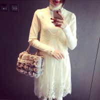 秋装内搭打底裙 韩版甜美百搭蕾丝钩花拼接中长款吊带 背心连衣裙 2色可选